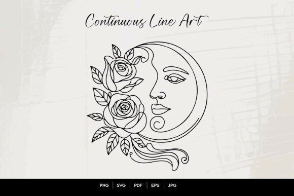 Download Celestial Moon Face with Roses Line Art - Celestial Collection