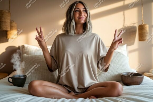 Download Woman Peace Gesture Cozy Bedroom Mockup - Mock Collection