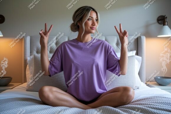 Download Woman Peace Sign Bedroom Mockup Image - Mock Collection