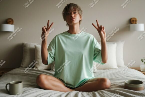 Download Young Woman Peace Sign Bedroom Mockup T- - Mock Collection
