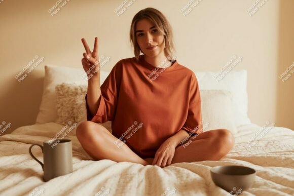 Download Woman Peace Sign Cozy Bedroom Mockup Ima - Mock Collection
