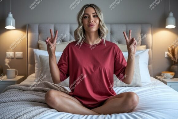 Download Woman Peace Sign Bedroom Mockup Image - Mock Collection