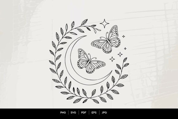 Download Celestial Butterfly Moon Wreath Line Art - Celestial Collection