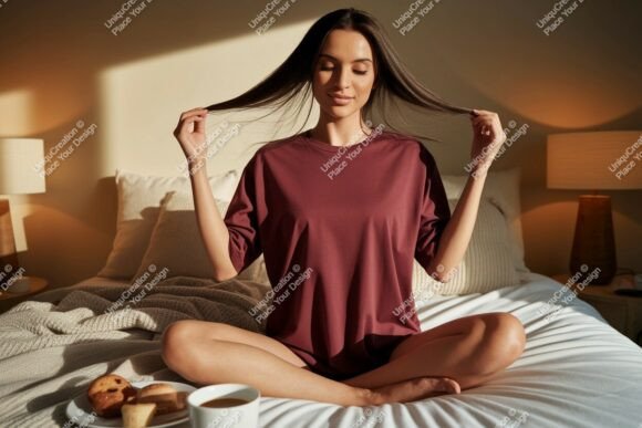 Download Woman Maroon T Shirt Mockup Bedroom Morn - Mock Collection